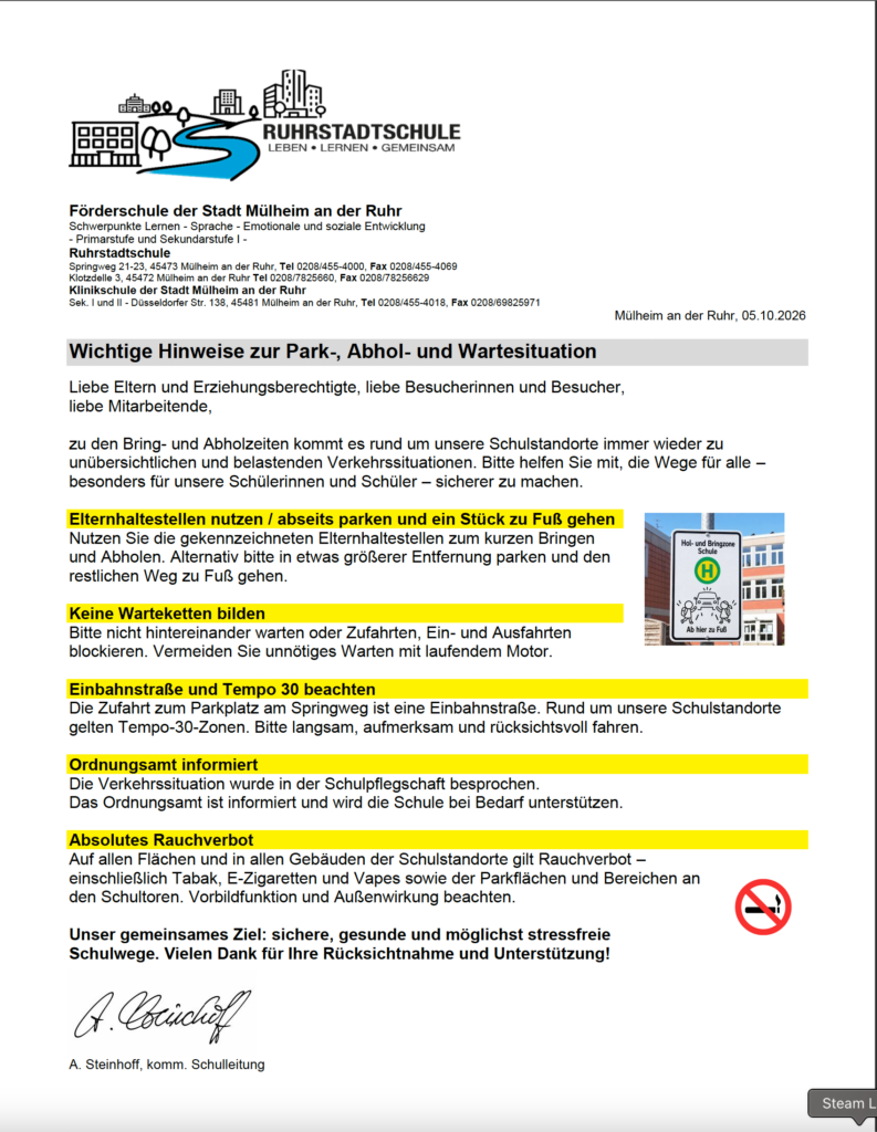 Kurzinformation Parken und Rauchverbot
